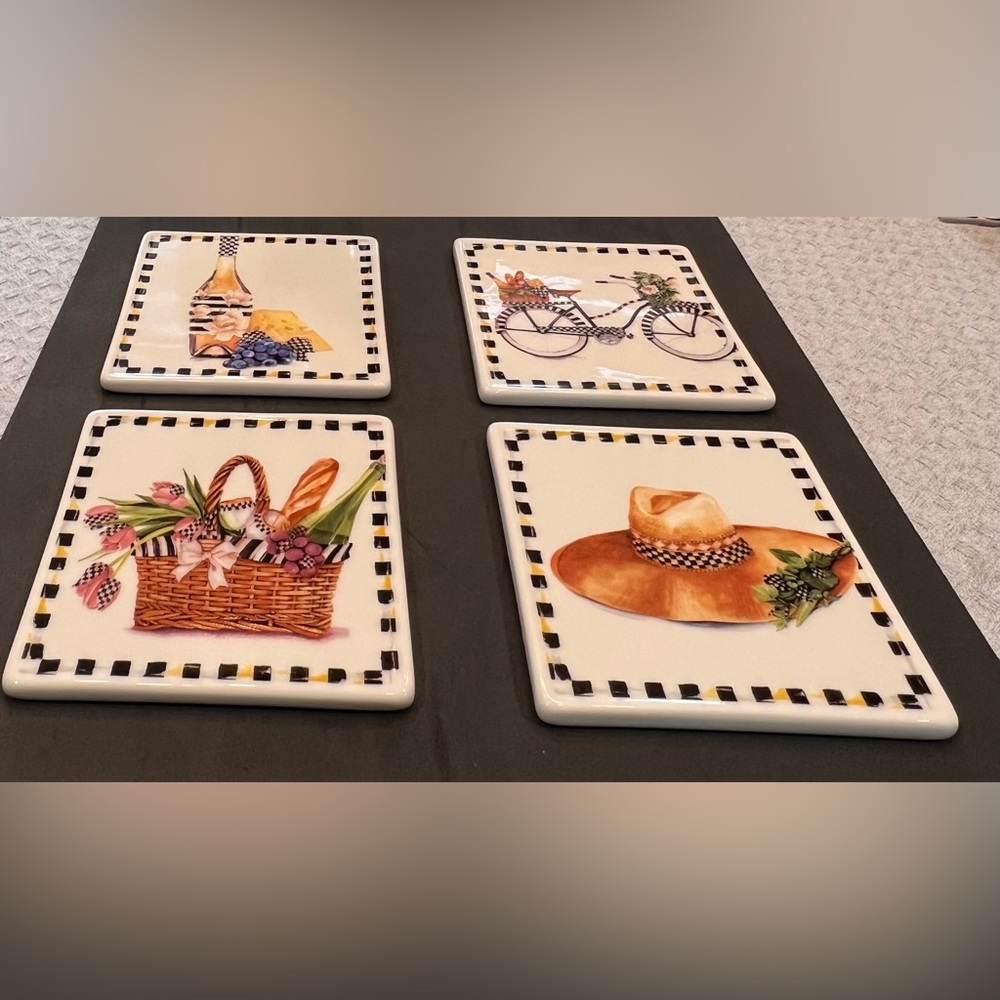 MacKenzie-Childs gorgeous, NWT NIB Set/4 Vino Alfresco Coasters w/cork backs